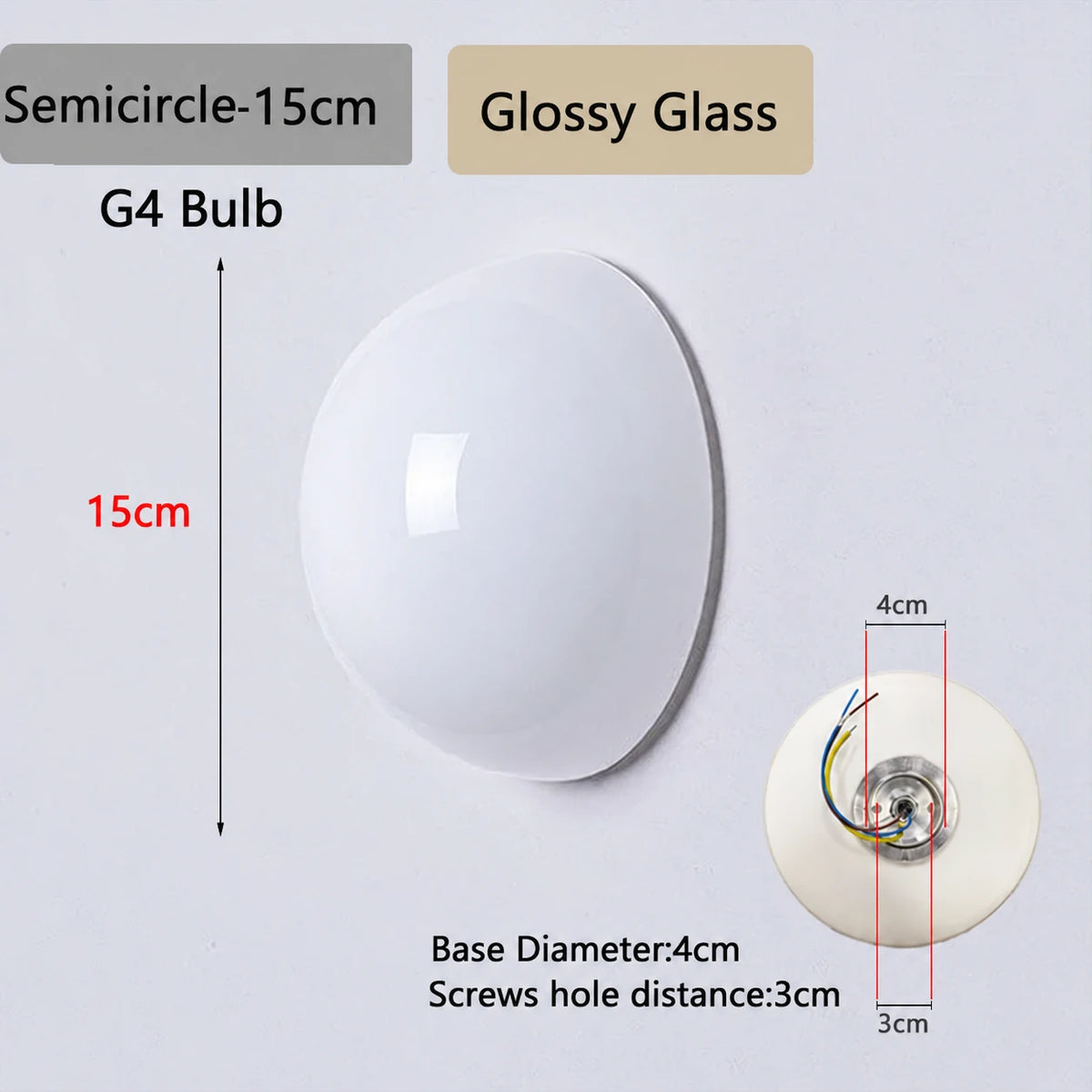 Semicircle Glossy15 white glass wall light dimensions