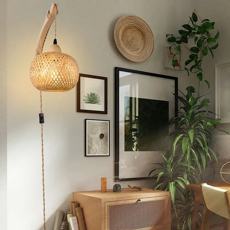 Rattan Wall Light – Woven Shade & Wooden Bracket