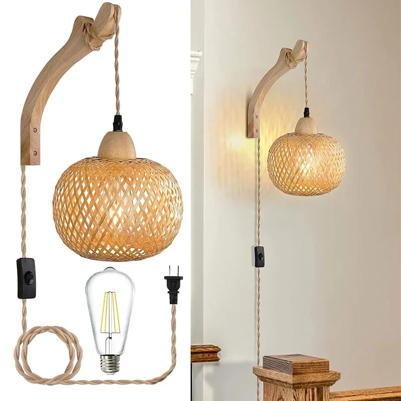 Rattan Wall Light – Woven Shade & Wooden Bracket