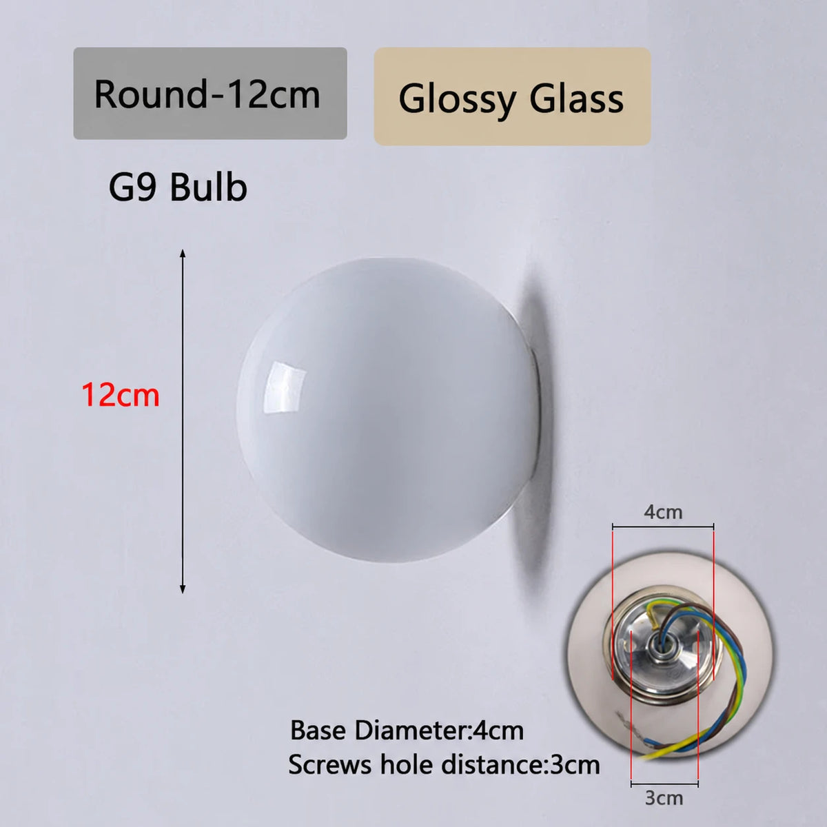 Round Glossy 12cm white glass wall light dimensions