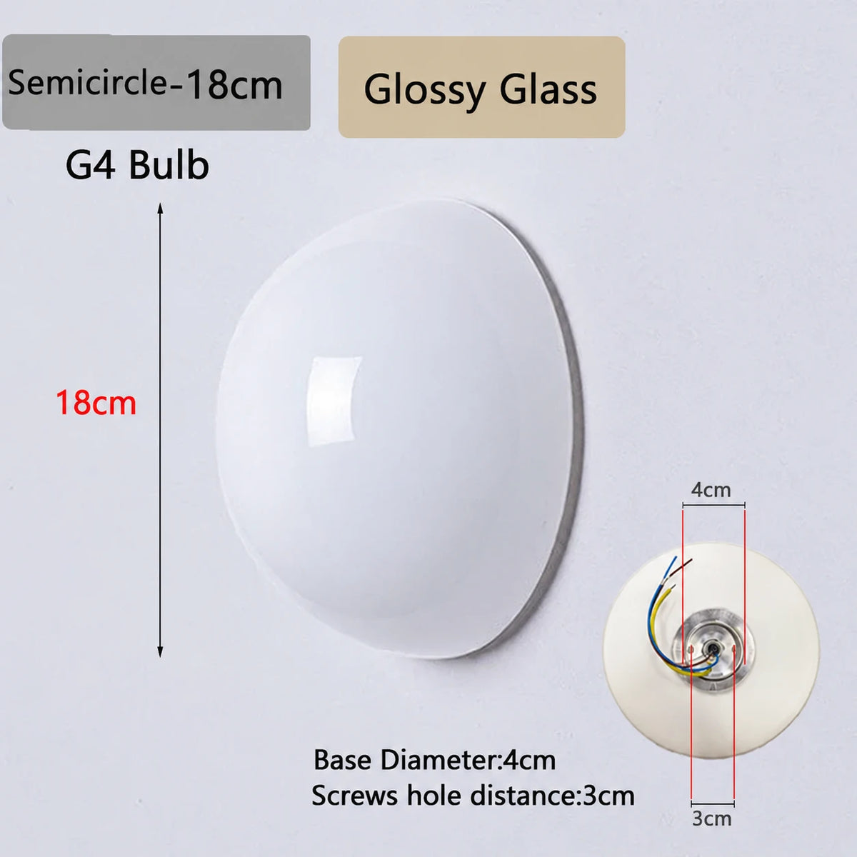 Semicircle Glossy18 white glass wall light dimensions