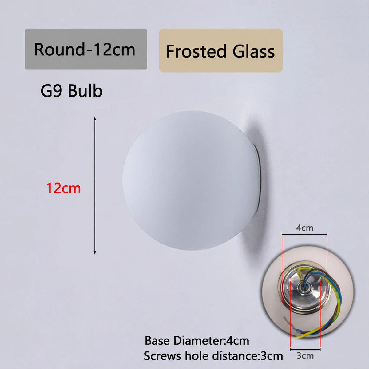 Round Frosted 12cm white glass wall light dimensions
