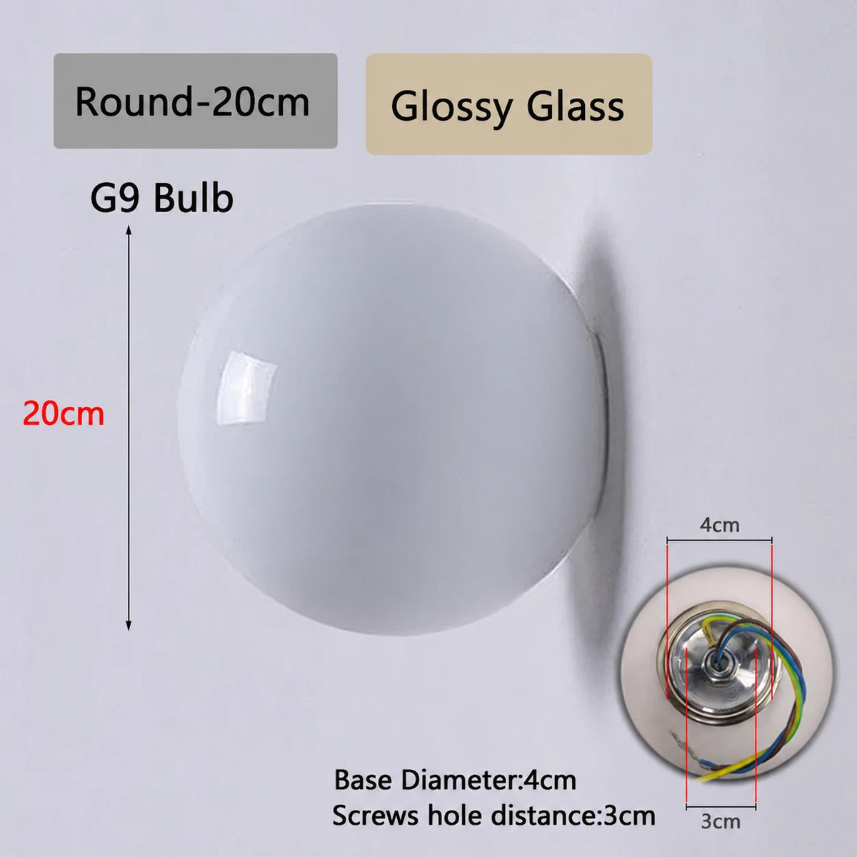 Round Glossy 20cm white glass wall light dimensions