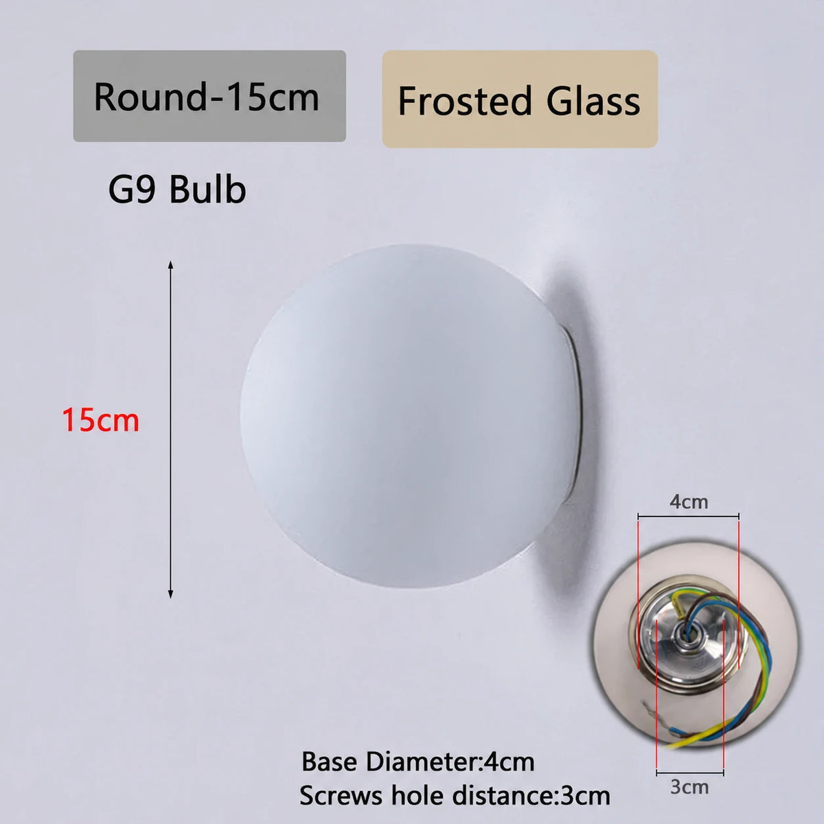 Round Frosted  15cm white glass wall light dimensions