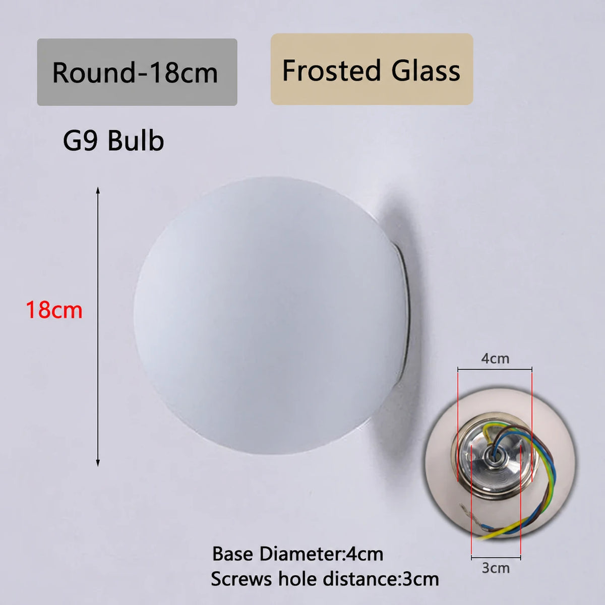 Round Frosted 18cm white glass wall light dimensions