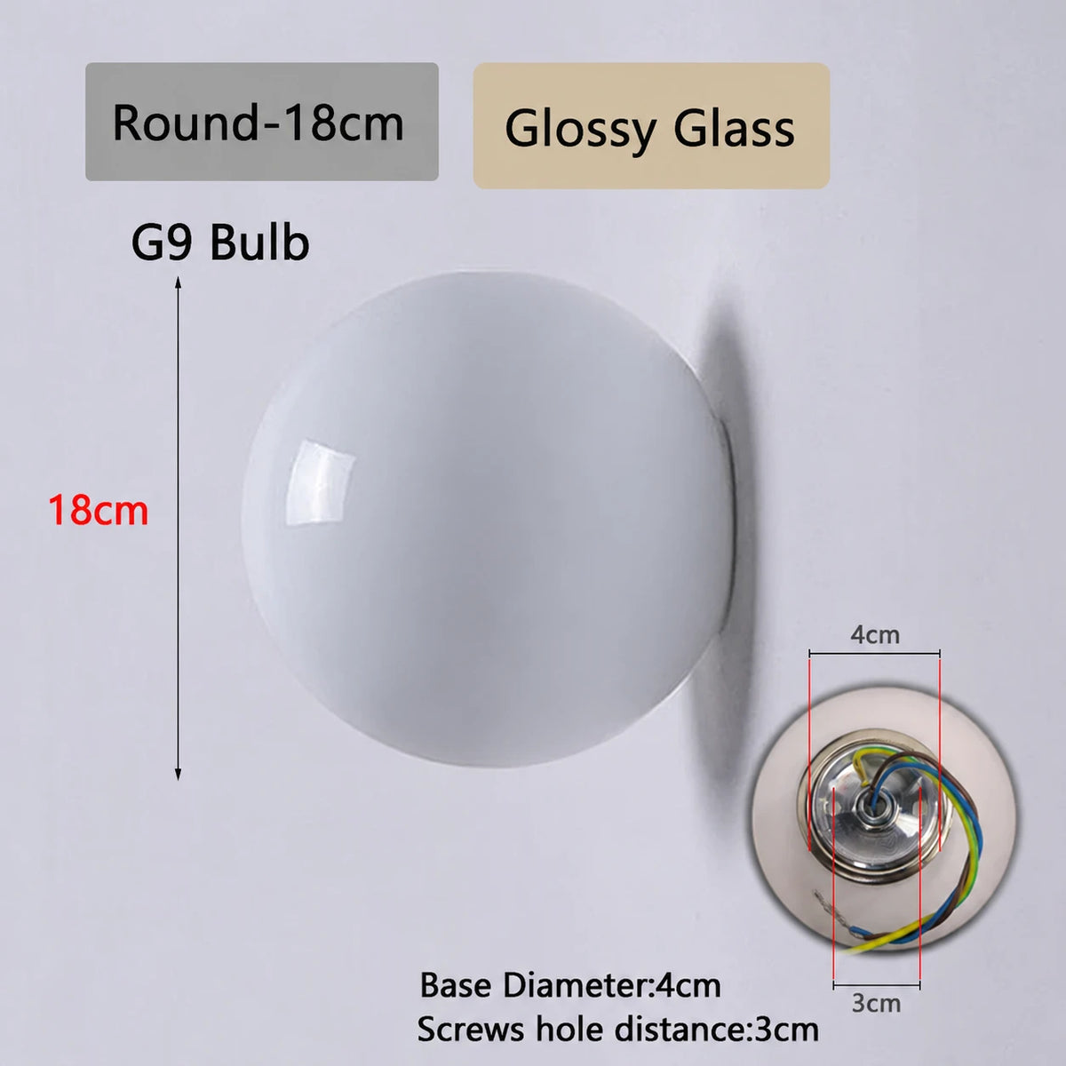 Round Glossy 18cm white glass wall light dimensions