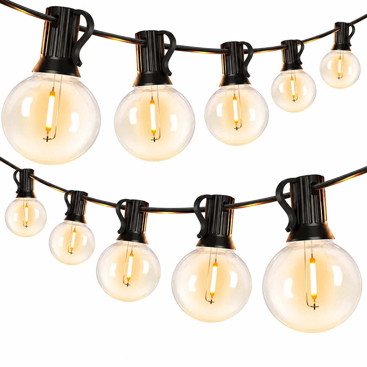 Warm white G40 globe festoon lights on a white background