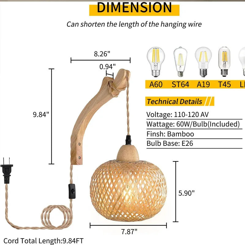 Rattan Wall Light – Woven Shade & Wooden Bracket