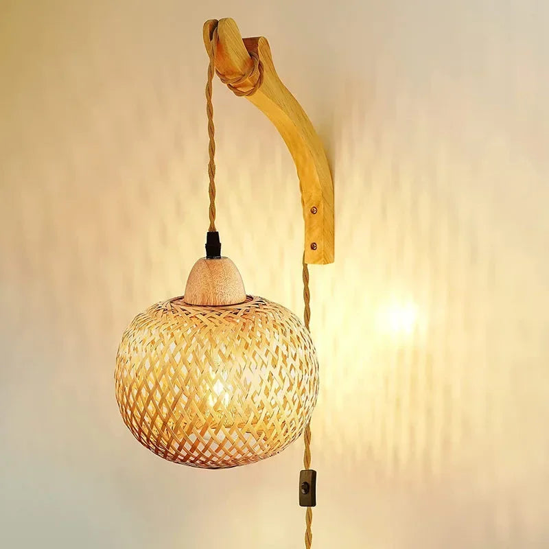 Rattan Wall Light – Woven Shade & Wooden Bracket