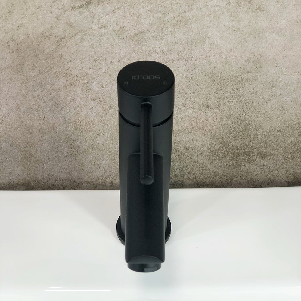 Matte black basin mixer tap detail