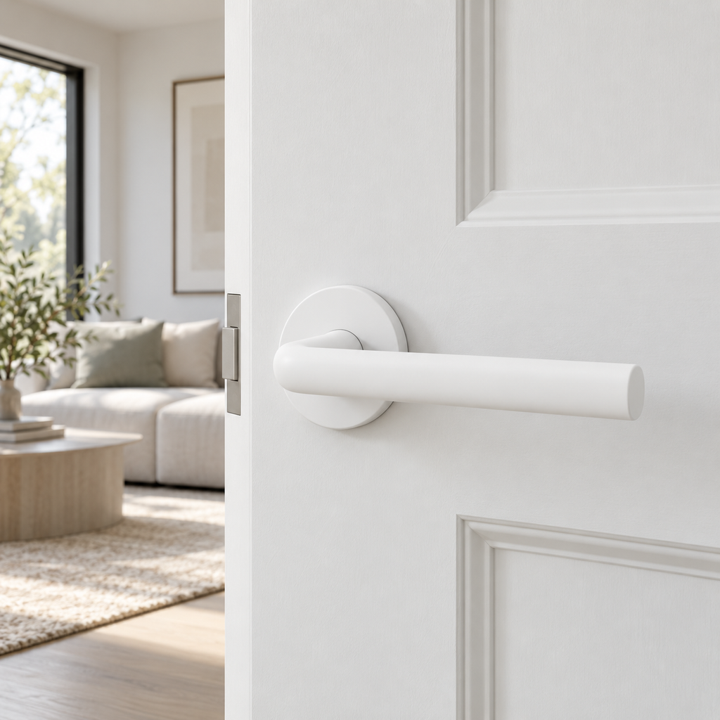 ALORA white door handle installed on a white interior door