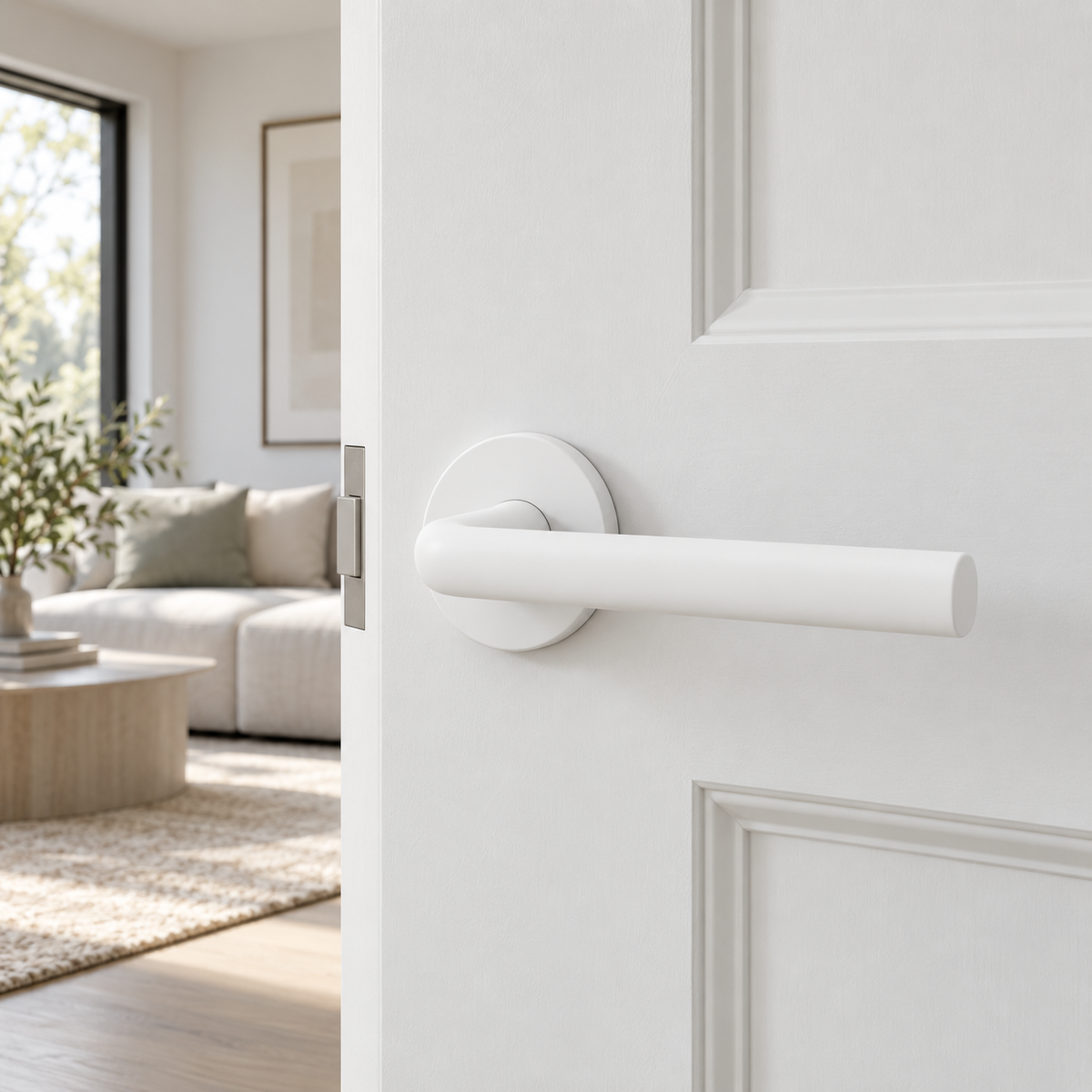 ALORA white door handle installed on a white interior door
