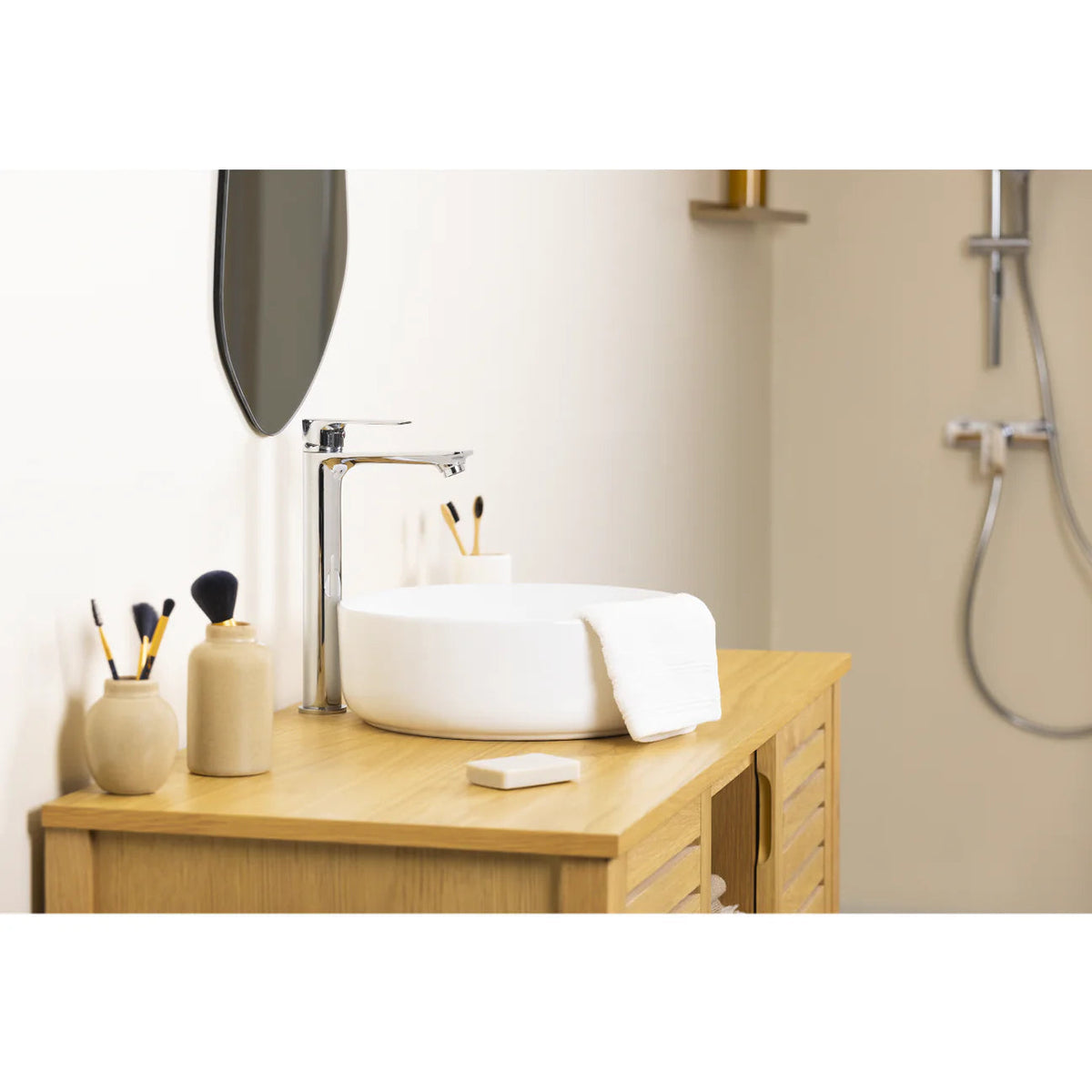Chrome tall basin mixer tap – installation view