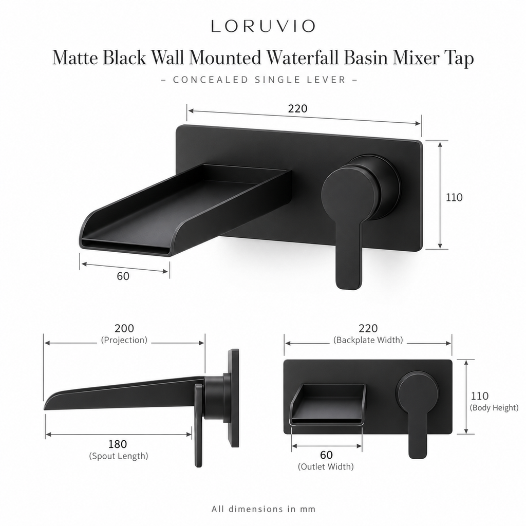 Matte Black Wall Mounted Waterfall Basin Mixer Tap – dimensions