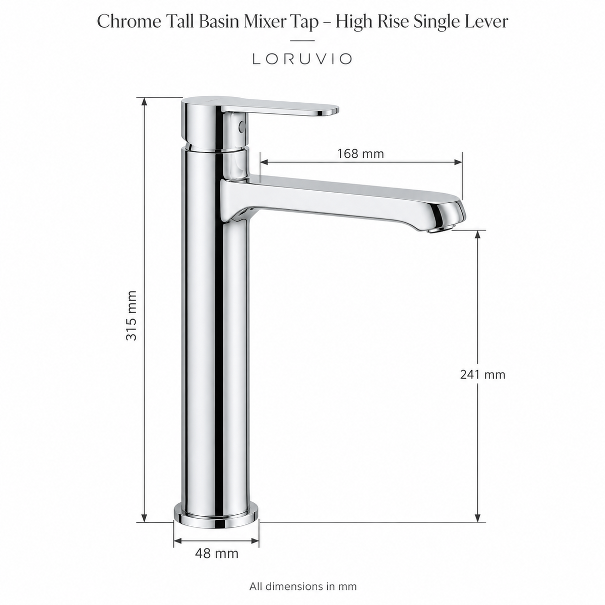 Chrome Tall Basin Mixer Tap – dimensions