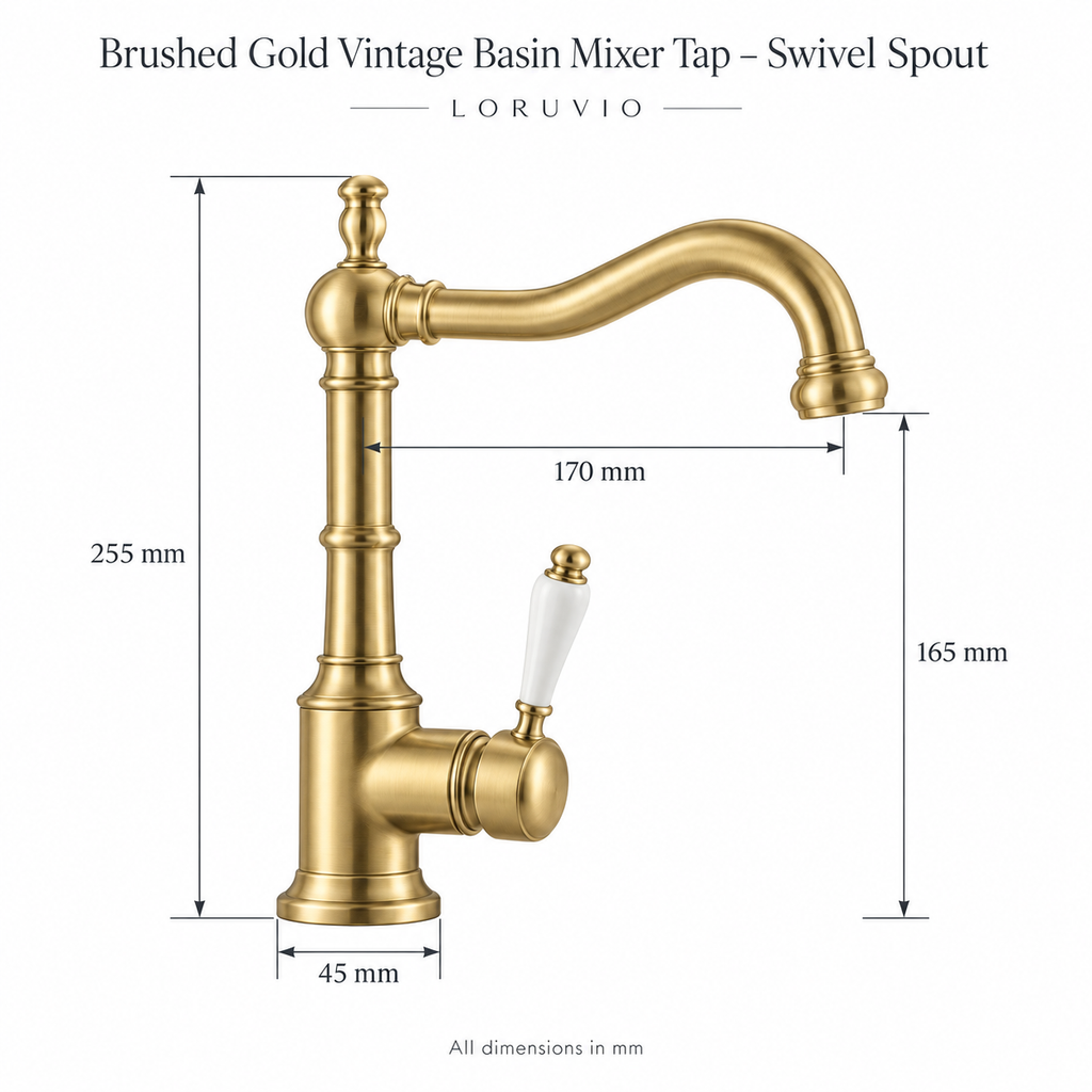 Brushed Gold Vintage Basin Mixer Tap – dimensions