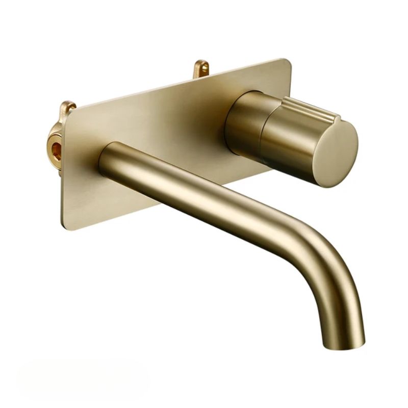 Brushed gold wall mounted basin tap installation view