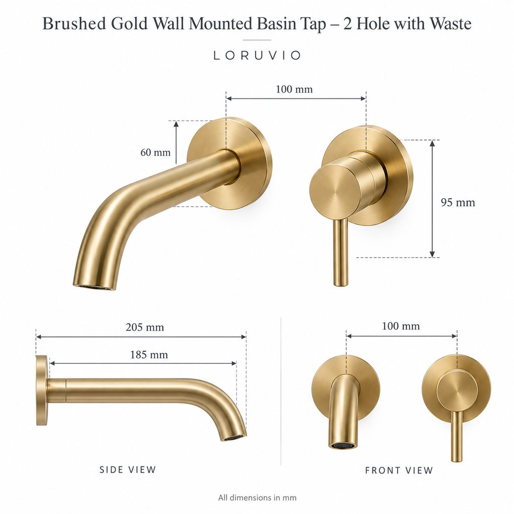 Brushed Gold Wall Mounted Basin Tap – dimensions
