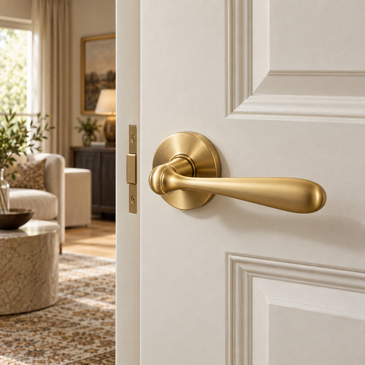 IRGA satin gold door handle in a warm interior
