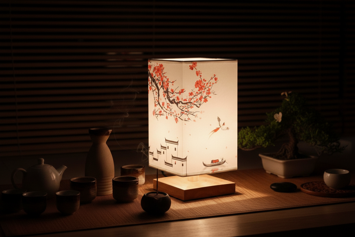 Japanese wood and fabric bedside lamp
