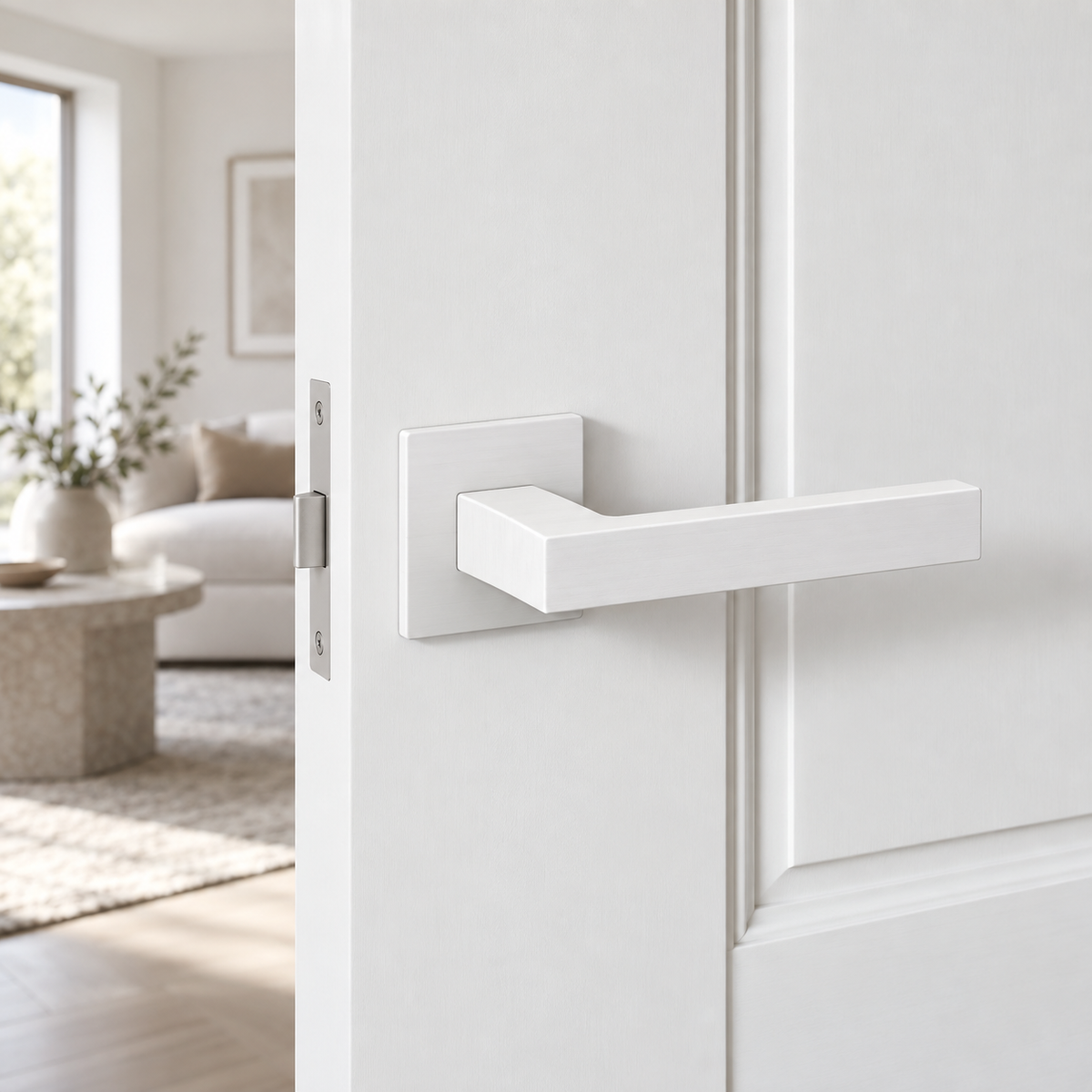 White Stainless Steel Internal Door Handles – Square Rose Pair