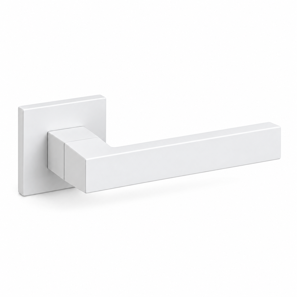 White Stainless Steel Internal Door Handles – Square Rose Pair – complete view on white background