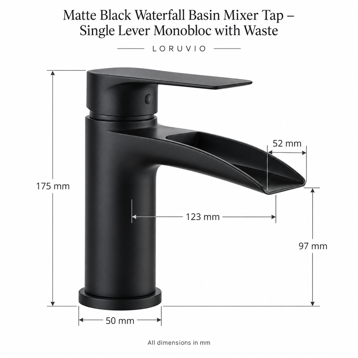 Matte Black Waterfall Basin Mixer Tap – dimensions
