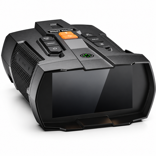Black digital night vision binoculars with 4.5-inch screen on white background