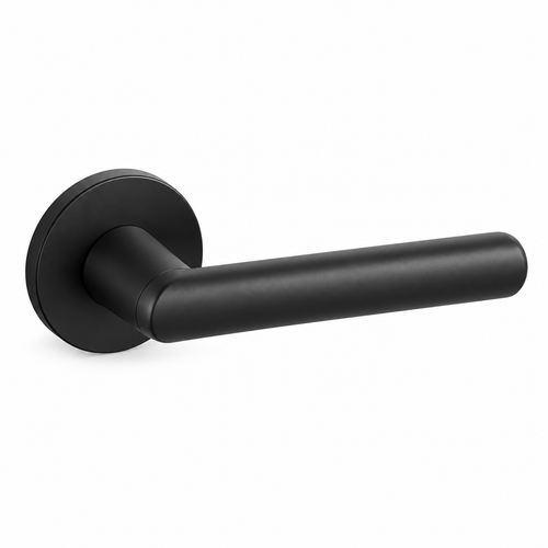 Black Stainless Steel Internal Door Handles – Round Rose Pair – complete view on white background