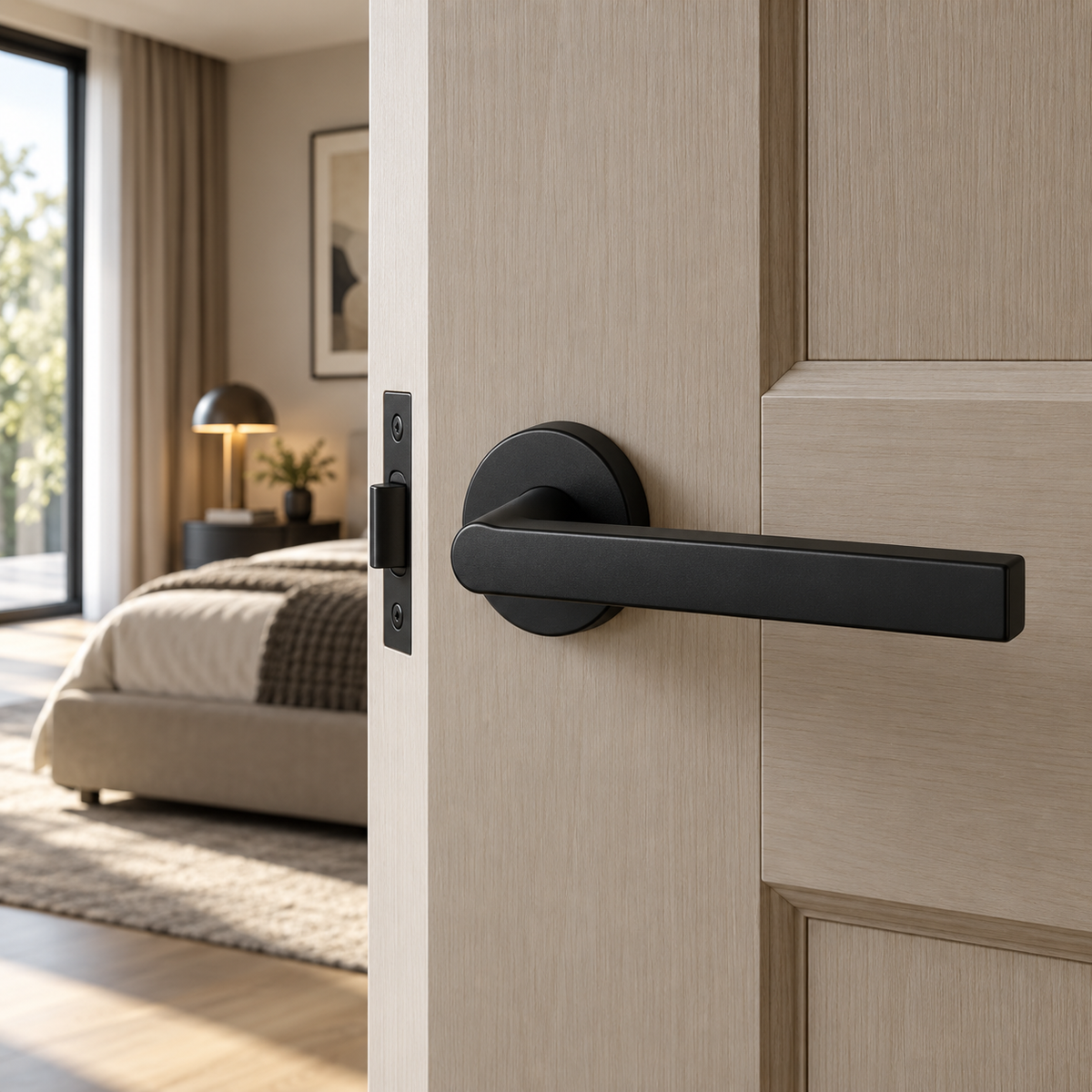 OVAL 1701 black door handle installed on an interior door