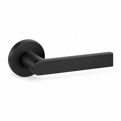 Black Stainless Steel Internal Door Handles – Ultra-Slim Round Rose Pair – complete view on white background