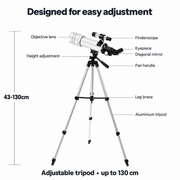 Labelled telescope structure and adjustable tripod up to 130 cm