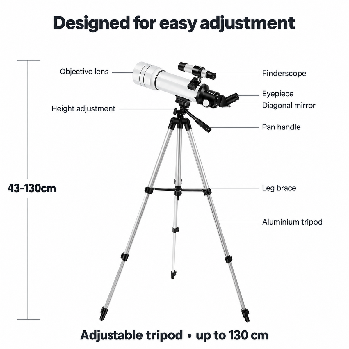 Labelled telescope structure and adjustable tripod up to 130 cm