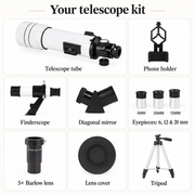 Telescope kit showing the tube, phone holder, finder, diagonal, eyepieces, Barlow lens, cover and tripod