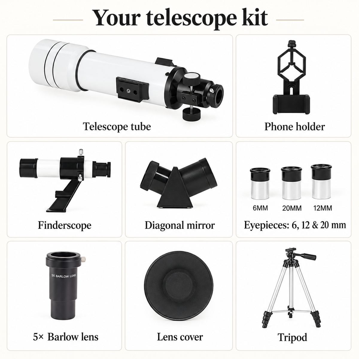 Telescope kit showing the tube, phone holder, finder, diagonal, eyepieces, Barlow lens, cover and tripod