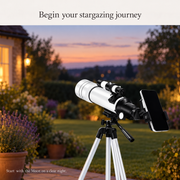 Telescope with phone holder on a garden terrace at dusk