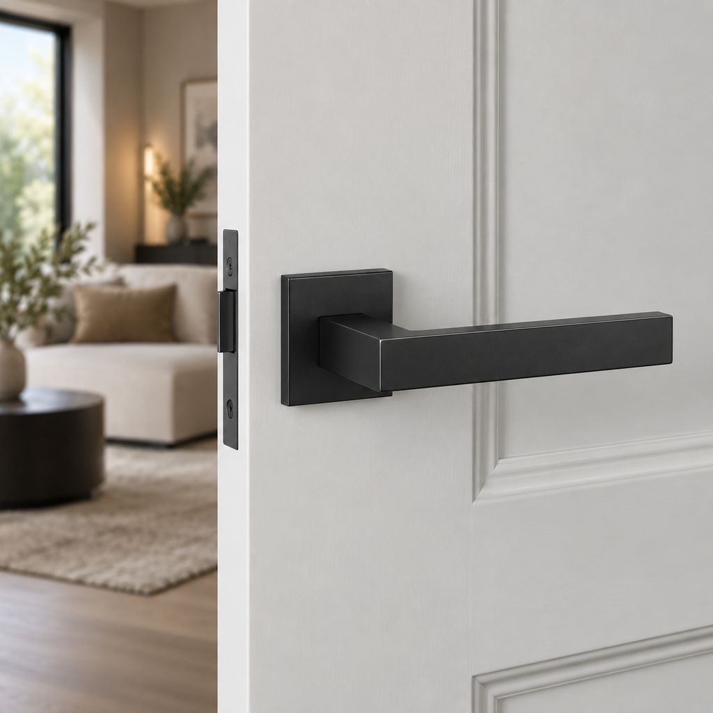 TUPAI 2275 black square door handle installed on a white door