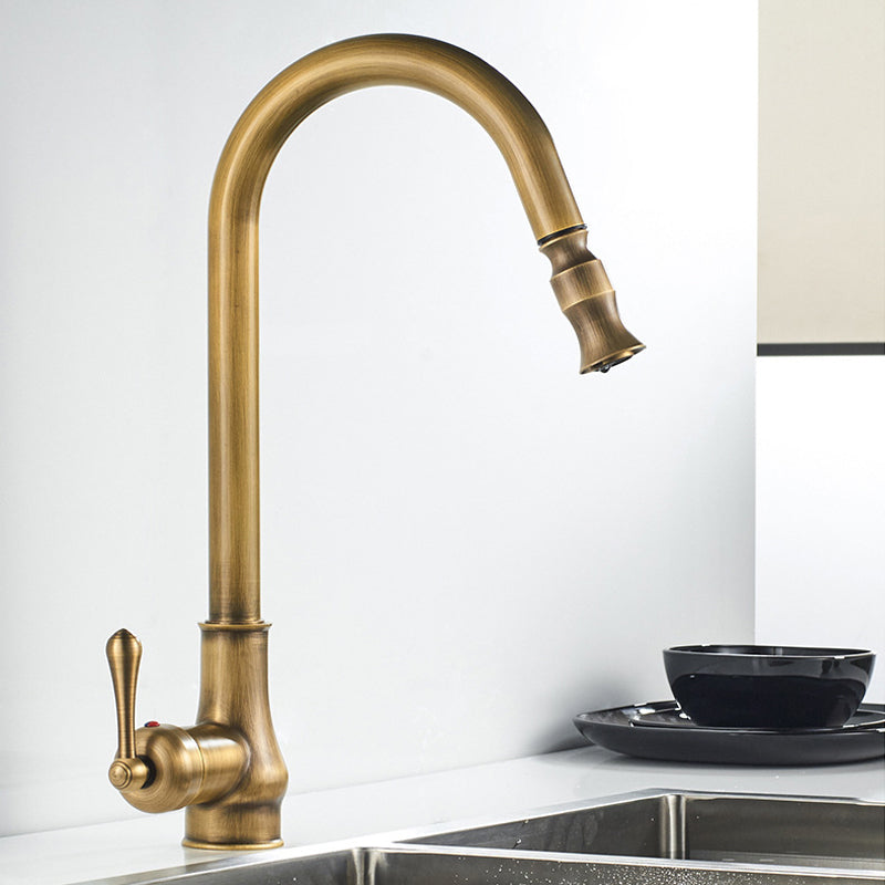 Vintage brushed gold kitchen mixer with pull-out spray 1