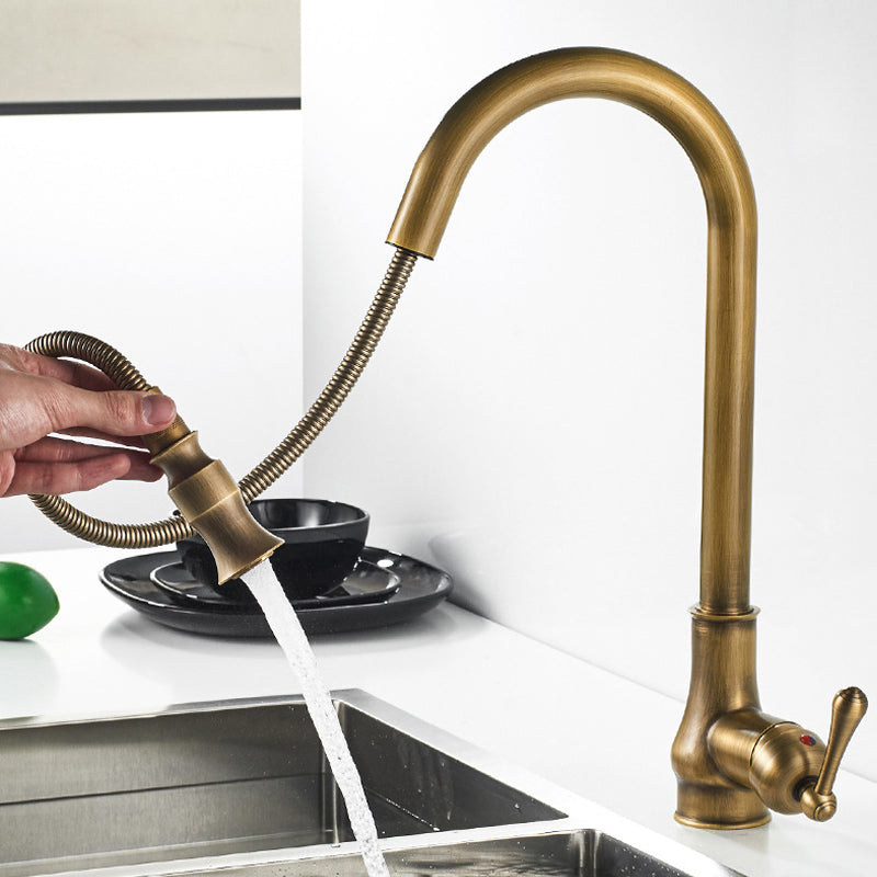 Vintage brushed gold kitchen mixer with pull-out spray 2
