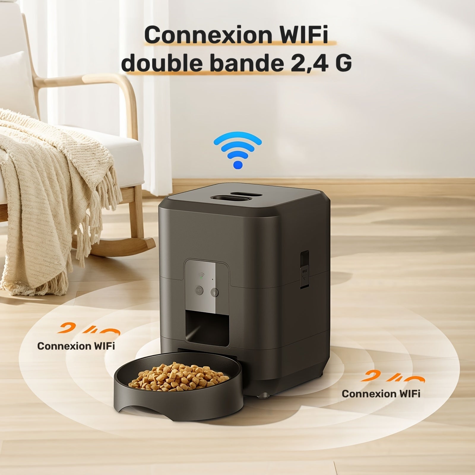 Distributeur de Nourriture pour Animaux Intelligent 2L Version WiFi 24G Capable de Distribuer Plusieurs Repas par Jour Alimentation par USBPile