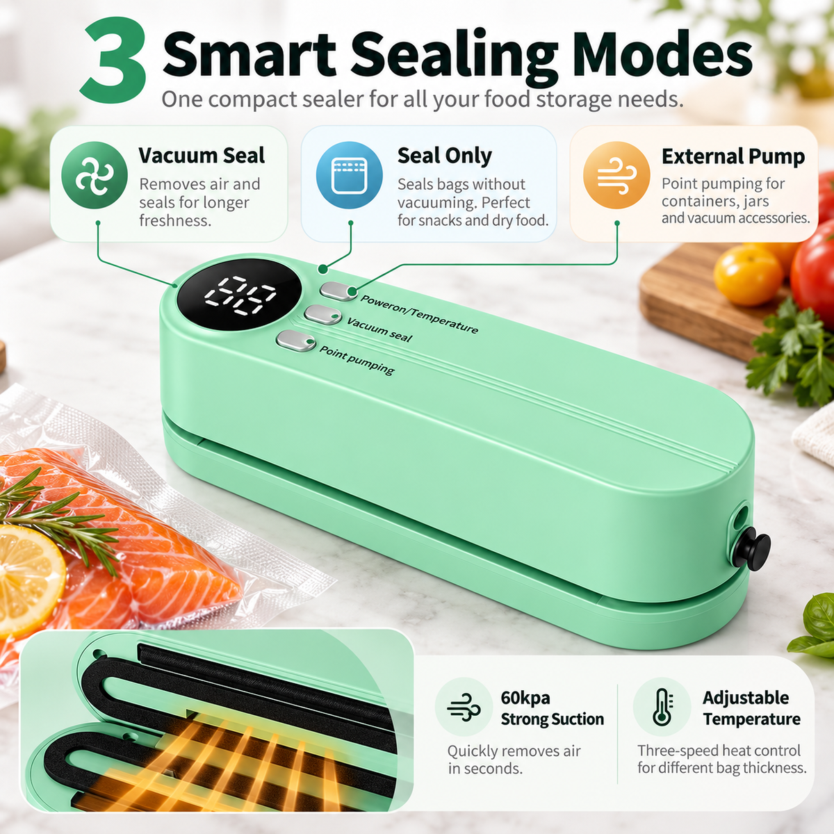 Vacuum sealer with three smart sealing modes