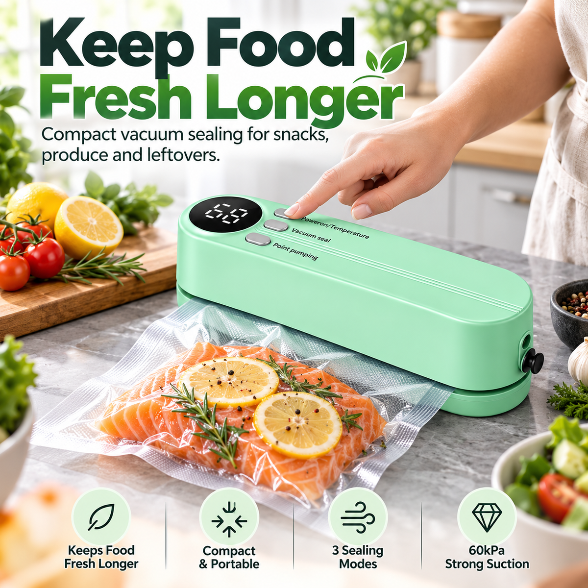 Mint green vacuum sealer keeping food fresh longer