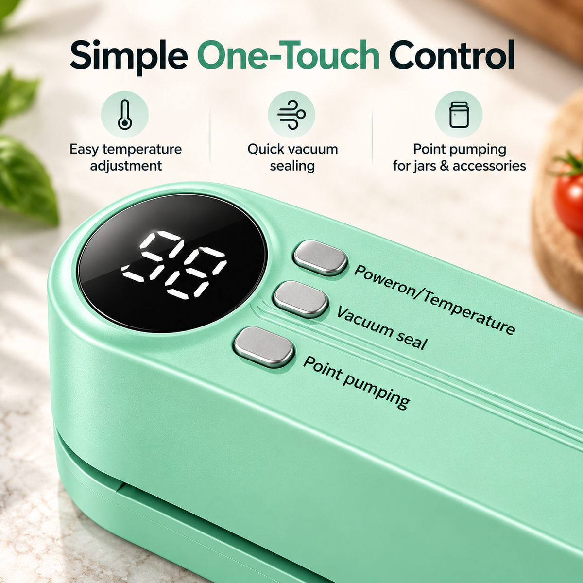 Vacuum sealer one-touch control and temperature adjustment